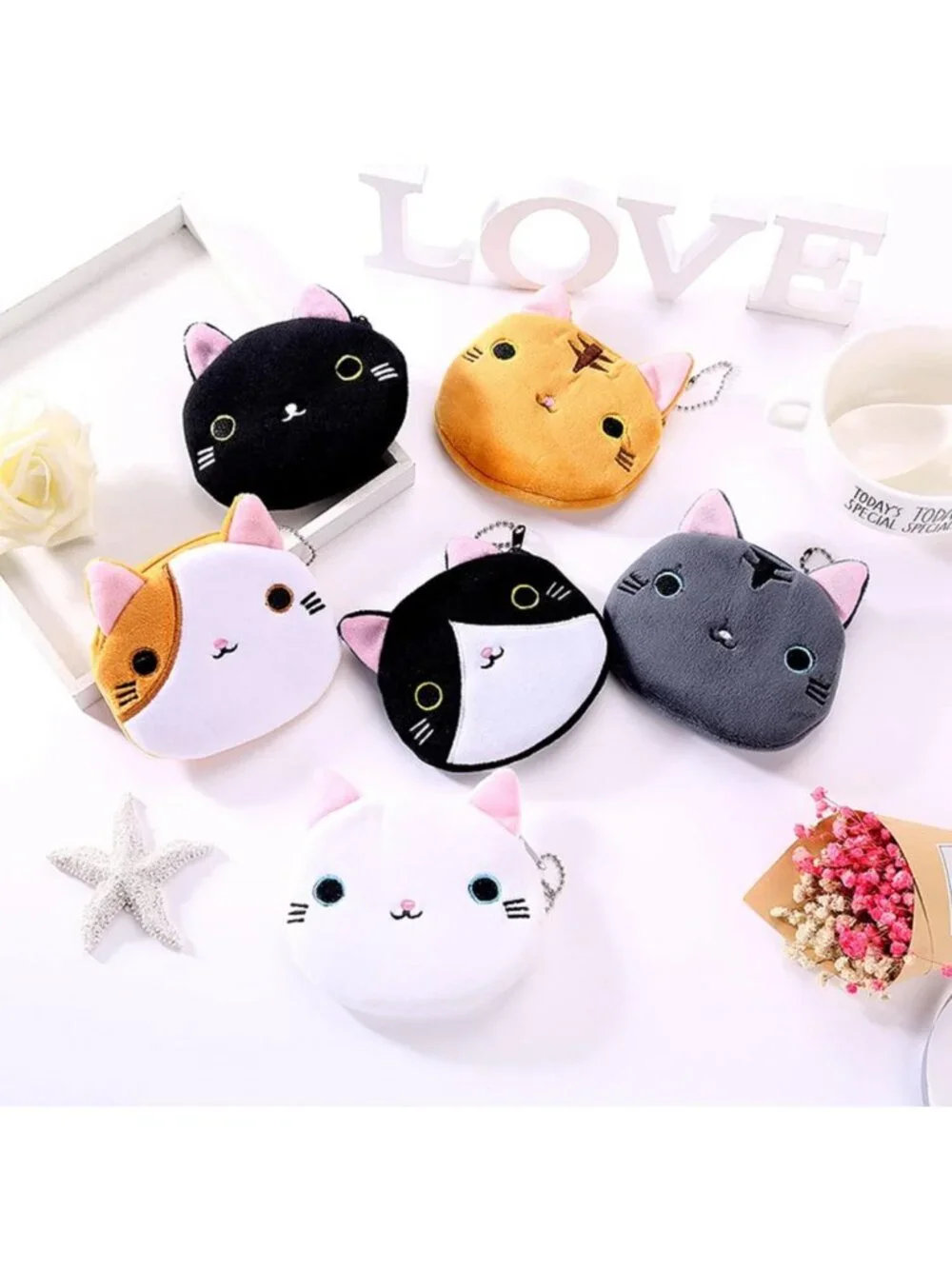 Cute Cartoon Cat Face Coin Purse Set - 12PCS Zipper Wallets for Kids & Adults
